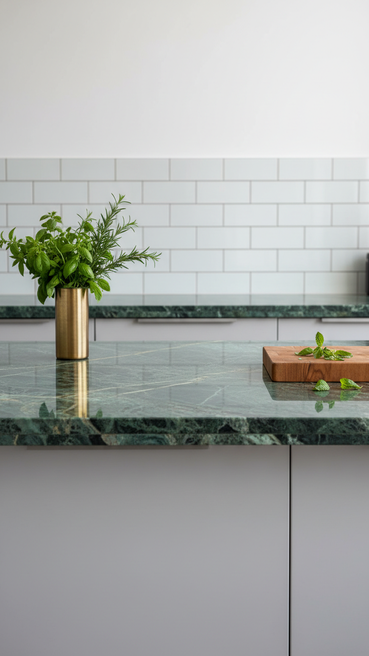 Modern kitchen, vibrant deep green marble countertop (Verde Guatemala), brass vase, fresh herbs. Neutral, energetic.