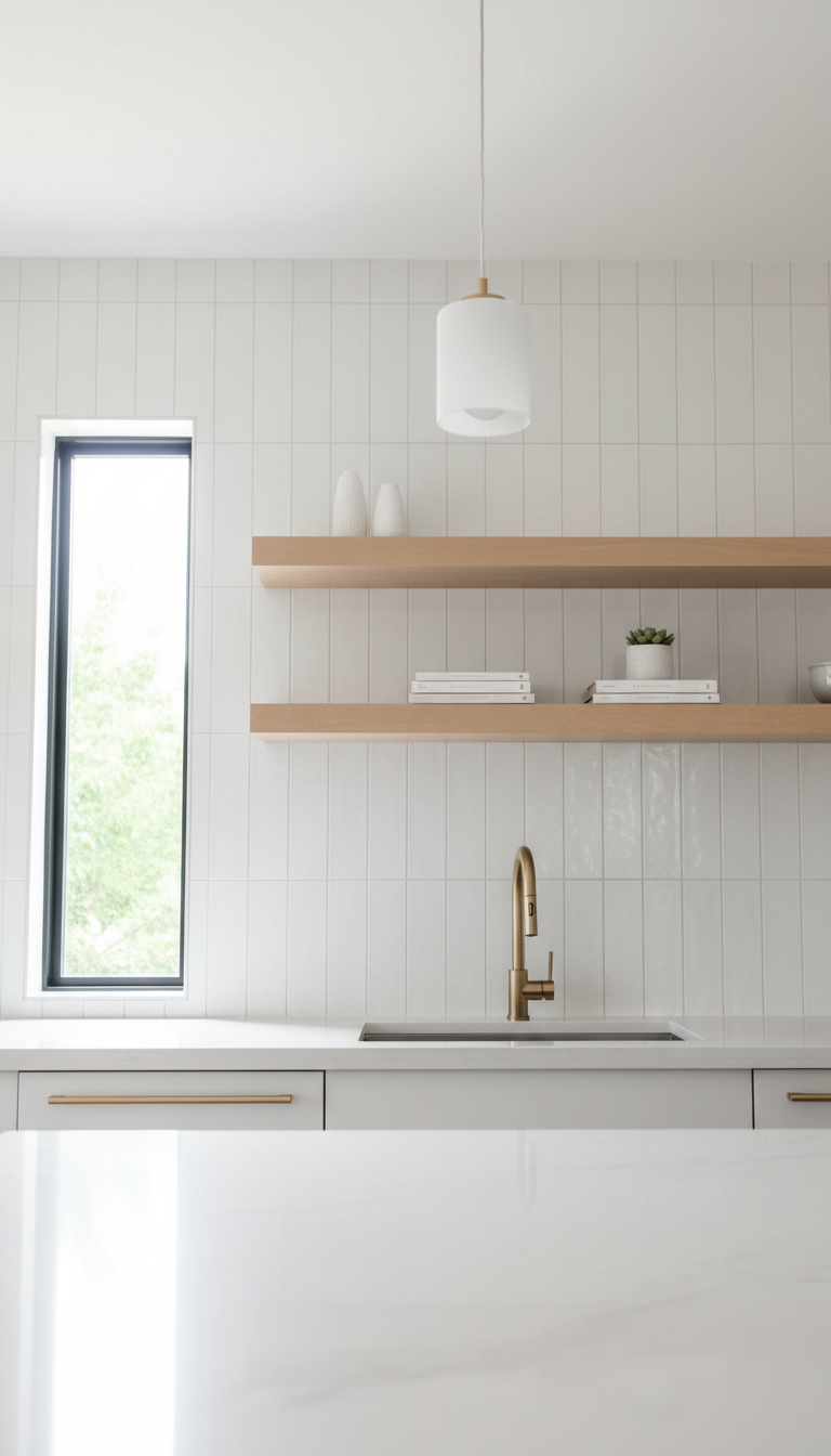 Modern kitchen wall with tall, narrow large format tiles installed vertically in a stacked bond, creating an expansive, full-height feel.