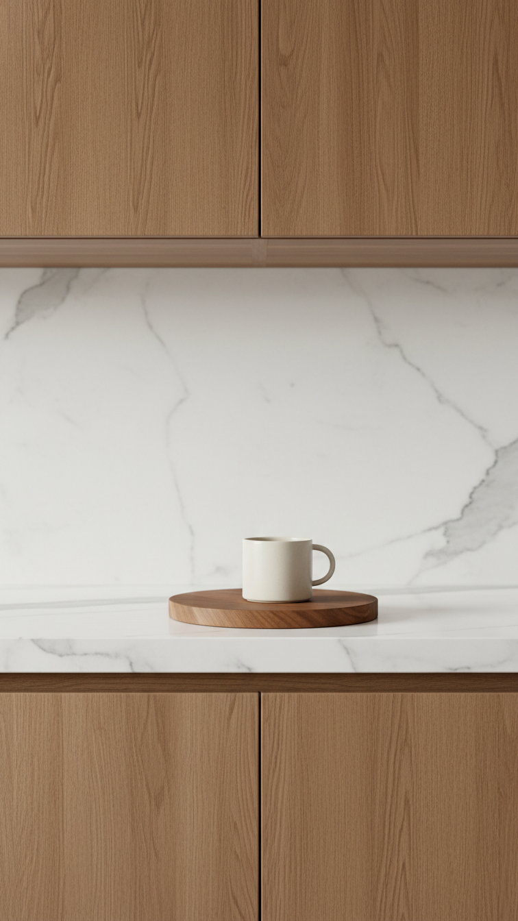 Modern kitchen, white Carrara marble countertop, warm walnut wood cabinetry, minimalist mug, cutting board. Cozy design.