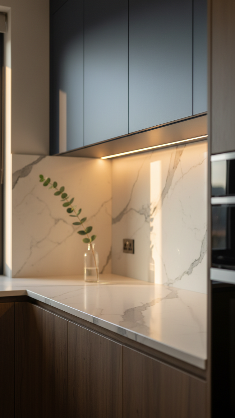 Modern kitchen, white marble backsplash and countertop lit by warm LED under dark cabinets. Sleek glass vase.