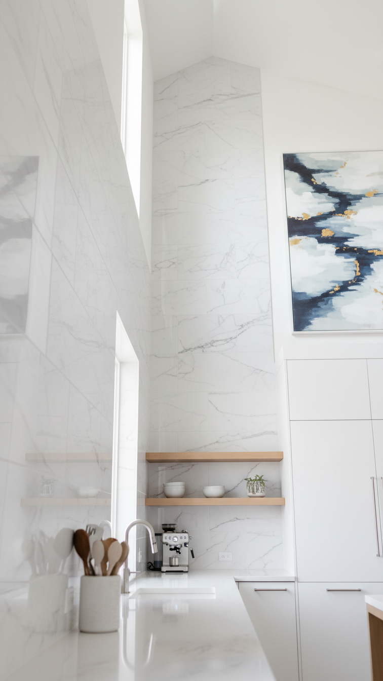 Modern kitchen with a seamless marble backsplash to vaulted ceiling, massive abstract artwork, and minimalist white cabinets.