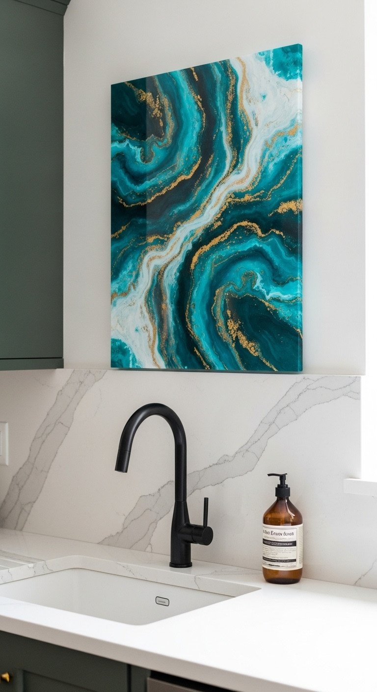 Modern kitchen with an abstract acrylic art panel in teal and gold hanging on a marble backsplash above the sink.