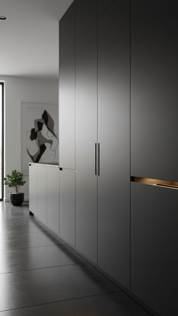 Modern kitchen with charcoal integrated cabinetry, linear handles, hidden refrigerator, dishwasher, and concrete floor.