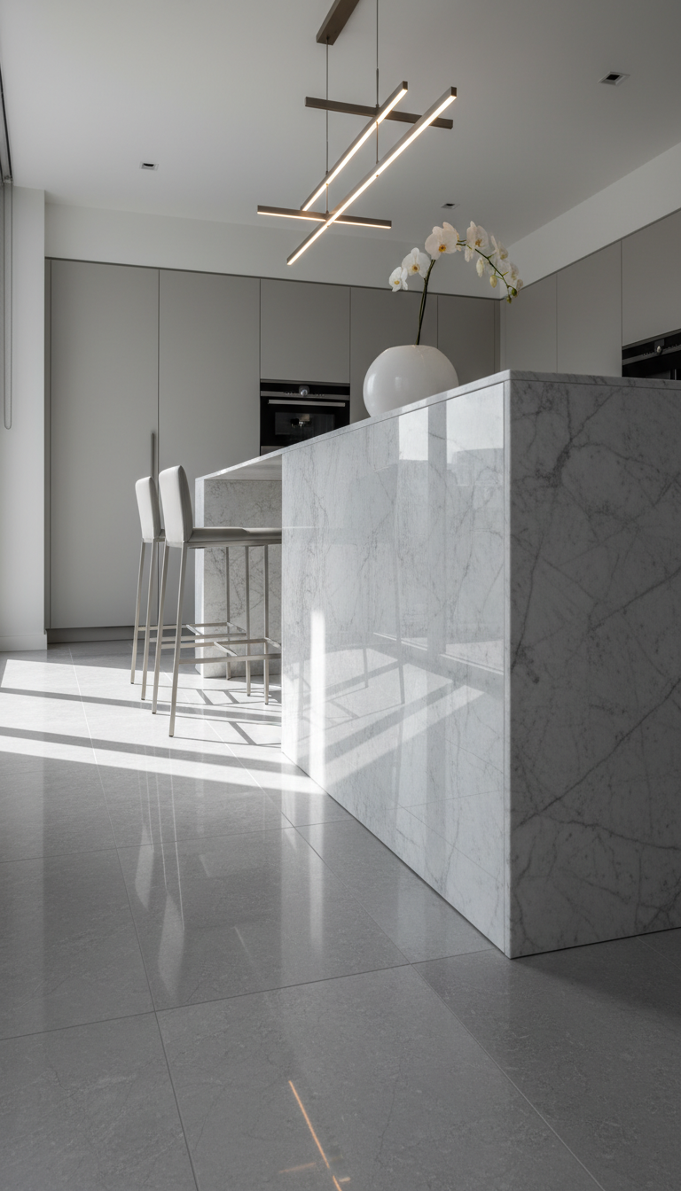 Modern kitchen with contrasting large format light gray tiles: matte floor and polished island, creating dynamic sophistication.
