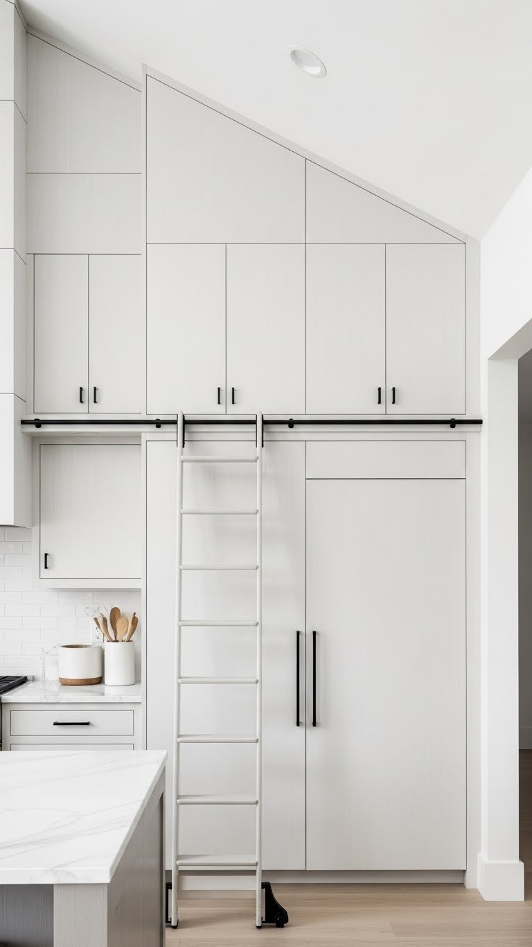 Modern kitchen with floor-to-ceiling cabinetry in a vaulted wall, rolling library ladder, sleek handleless design, white marble counter.