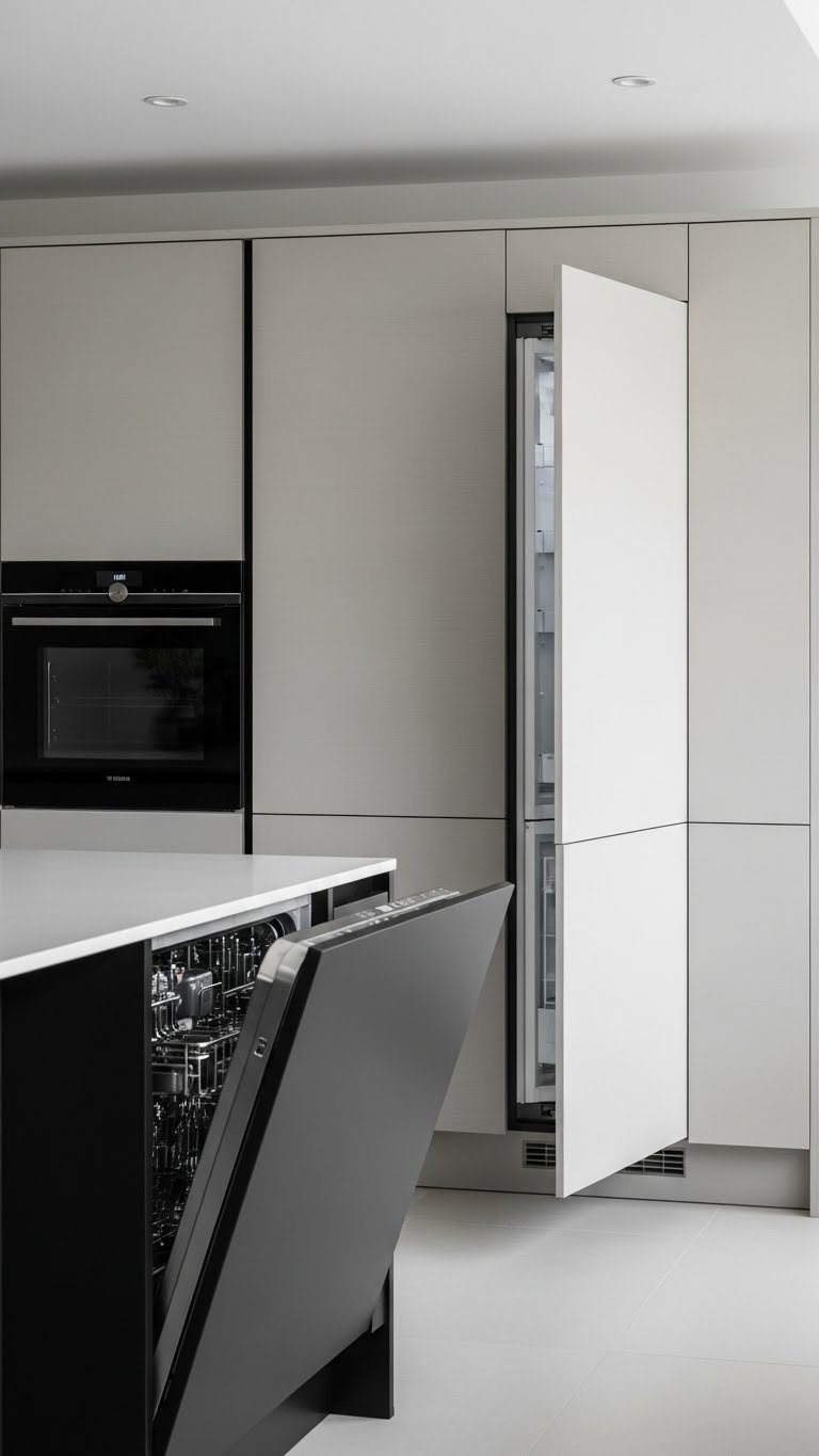 Modern kitchen with fully integrated, handle-less cabinet-front appliances, built-in oven, minimalist design in matte blacks and whites.