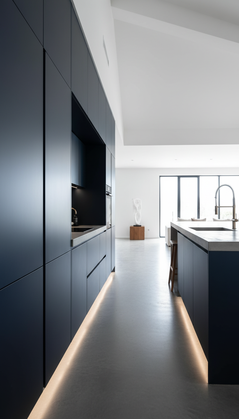 Modern kitchen with handleless matte navy cabinets, high white vaulted ceiling, polished concrete floor, and brass hardware. Minimalist design.
