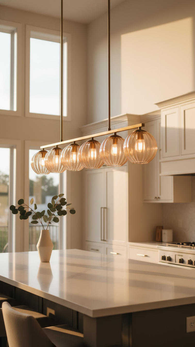 Modern kitchen with high ceilings featuring a dramatic linear pendant light over a white quartz island, warm golden hour glow.