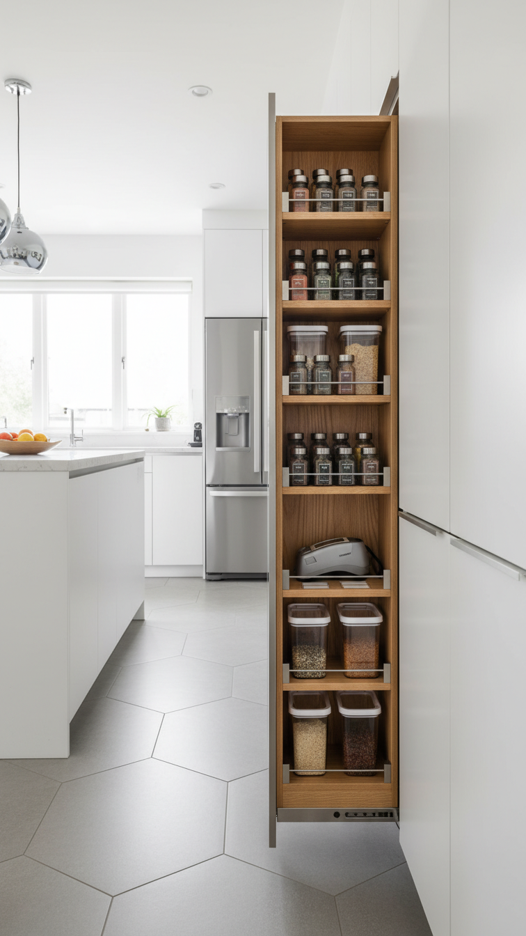 Modern kitchen with innovative pull-out pantry fully extended, revealing organized spices and dry goods for efficient storage.