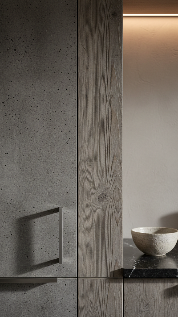 Modern kitchen with innovative textured laminate cabinet doors mimicking concrete or rough wood, highlighting intricate detail and industrial style.