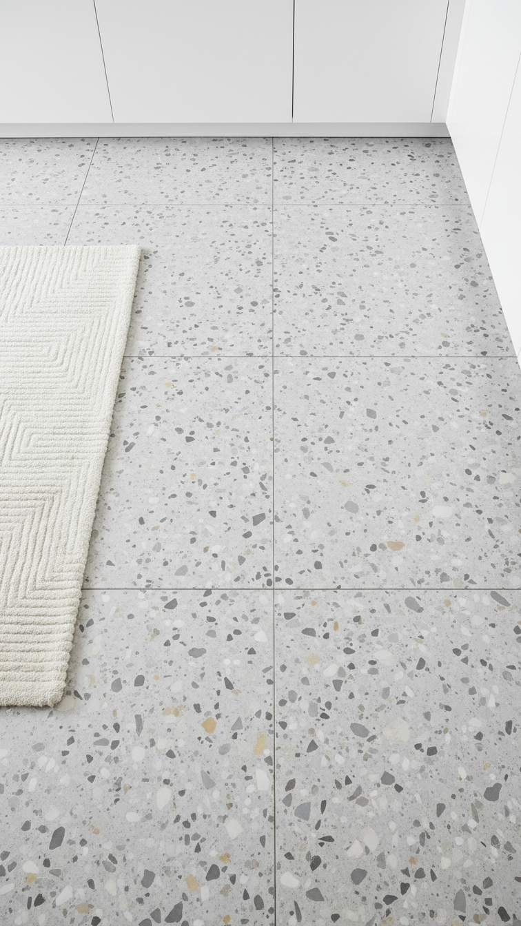 Modern kitchen with large format terrazzo tiles on floor and wall, seamless poured-in-place look, cool pale grays, minimalist.