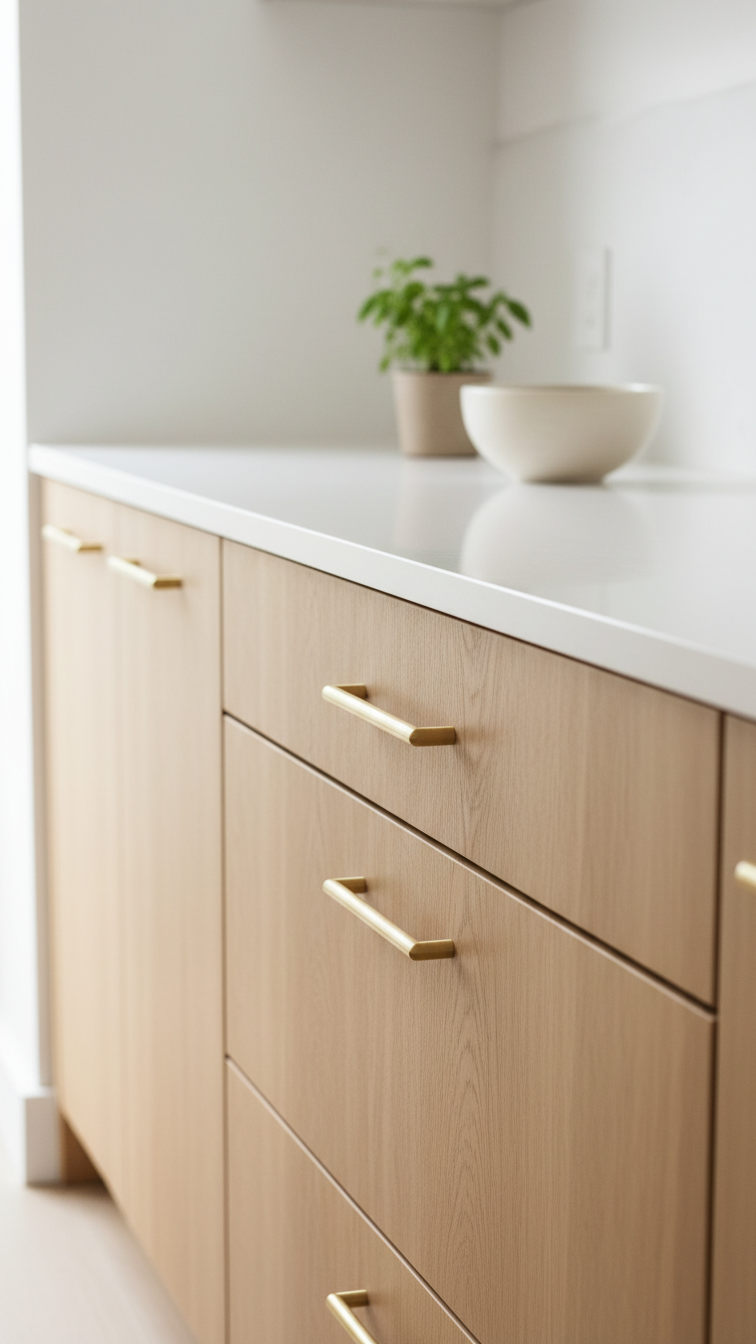 Modern kitchen with lower light oak natural wood cabinets, clean lines, white quartz countertop, and brushed brass hardware, featuring a potted herb.
