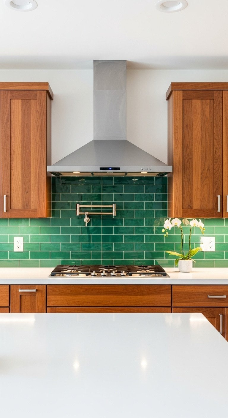 Gorgeous Green And Brown Kitchen Ideas That Wont Look Dark 13 Modern kitchen with medium-toned wood cabinets and a vibrant, glossy green tile backsplash behind a stainless steel range.