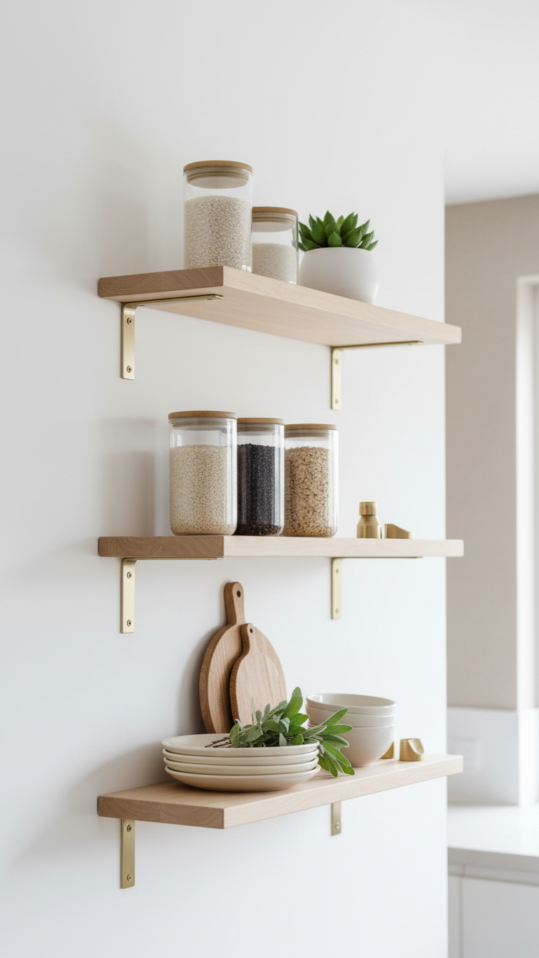 Modern kitchen with minimalist timber open shelving, supported by brass brackets, displaying organized accessories and jars.