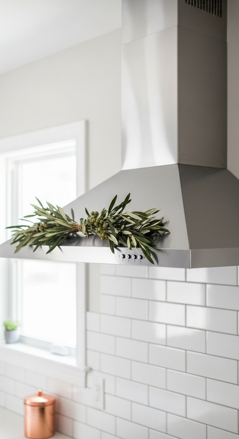 Modern kitchen with olive branch and berry greenery swag on a stainless steel range hood, white subway tile backsplash.