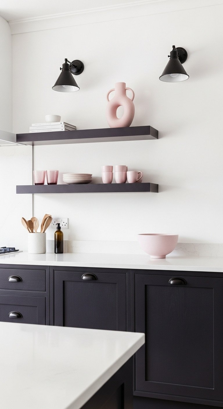 Modern kitchen with rich charcoal gray lower cabinets, white quartz countertop, matte black hardware, industrial lighting. Sophisticated.