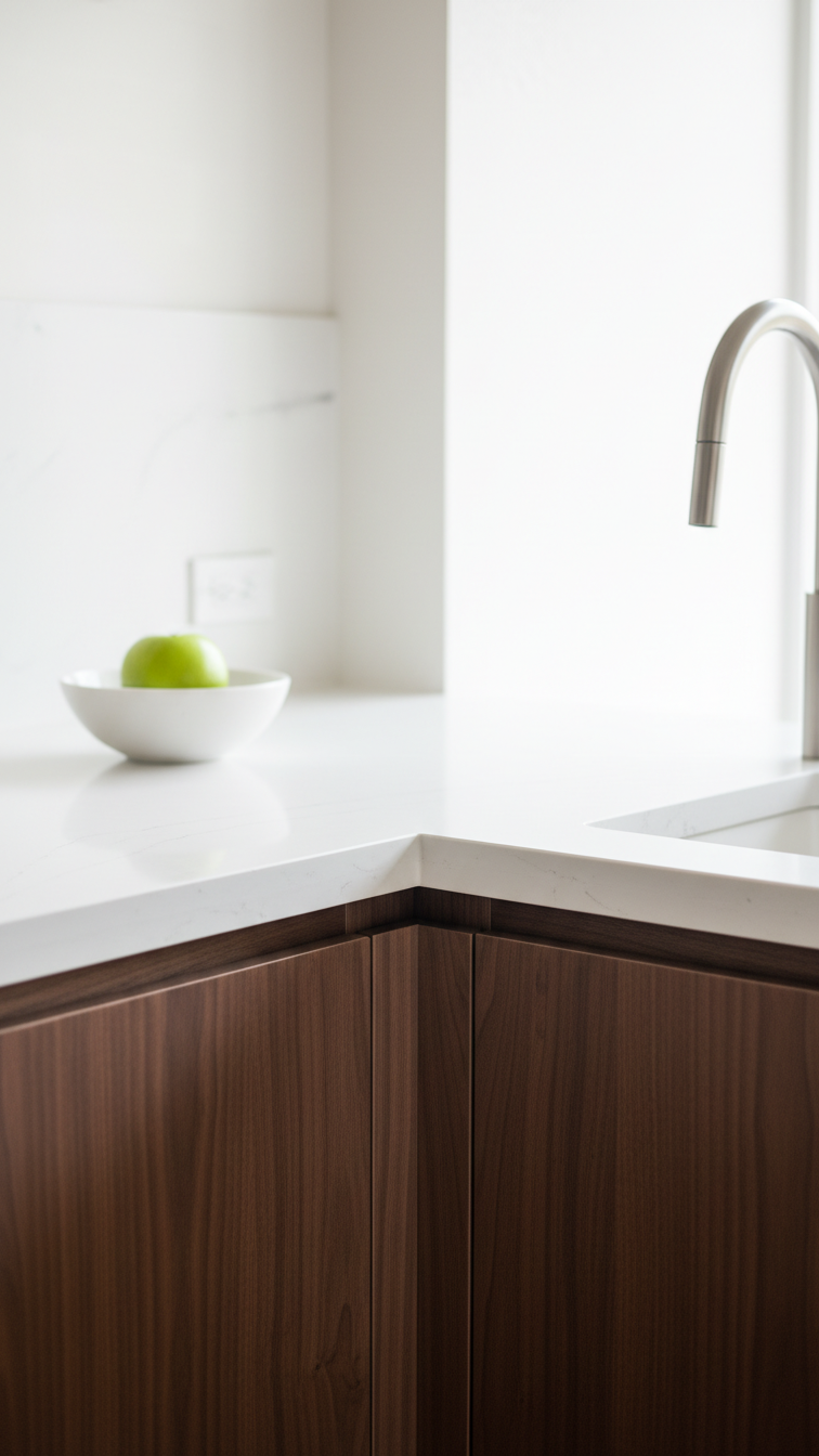 Modern kitchen with rich dark walnut vertical grain cabinets contrasting pristine white quartz countertop, sleek faucet, fruit bowl.