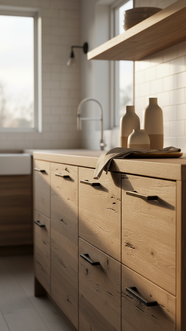 Modern kitchen with rustic reclaimed oak cabinet fronts and sleek matte black hardware under warm golden hour light. Sustainable design.