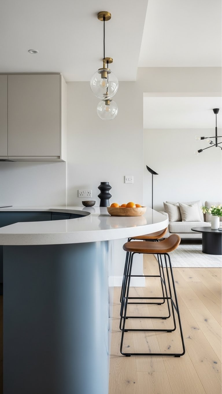Modern kitchen with sleek curved white waterfall peninsula, minimalist bar stools, and blurred cozy living room. Light oak floor, blues, whites, creams.