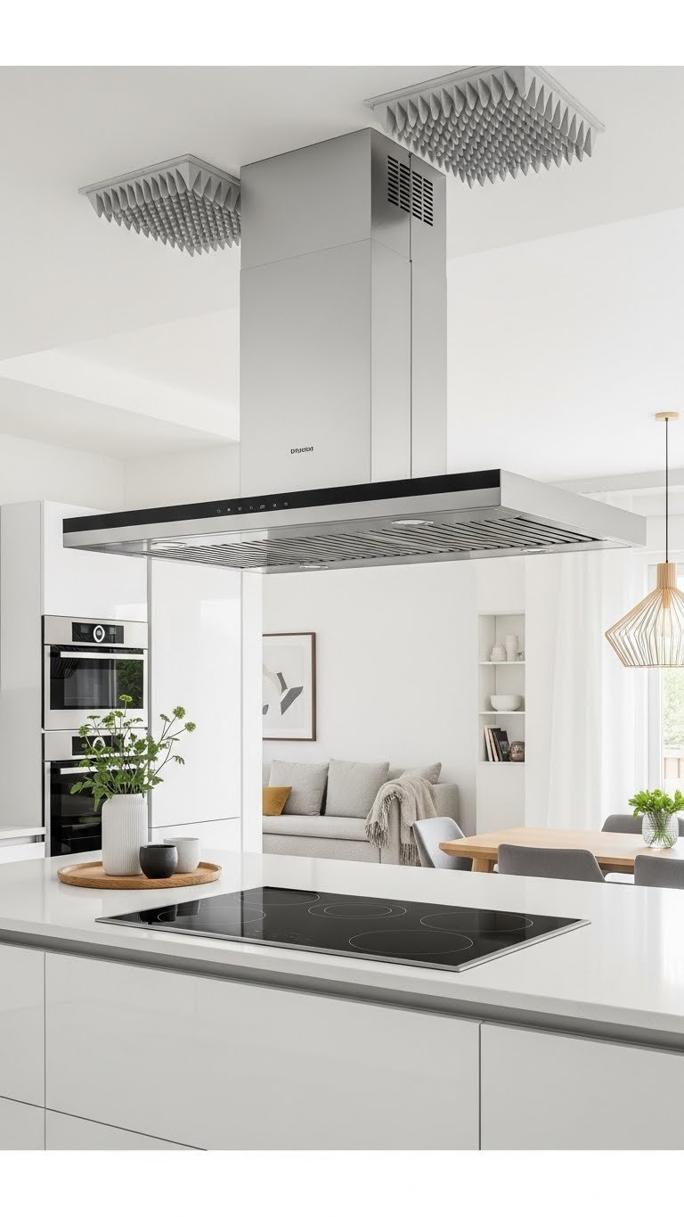 Modern kitchen with sleek island range hood and adjacent living room with soft textiles for sound absorption and efficient design.