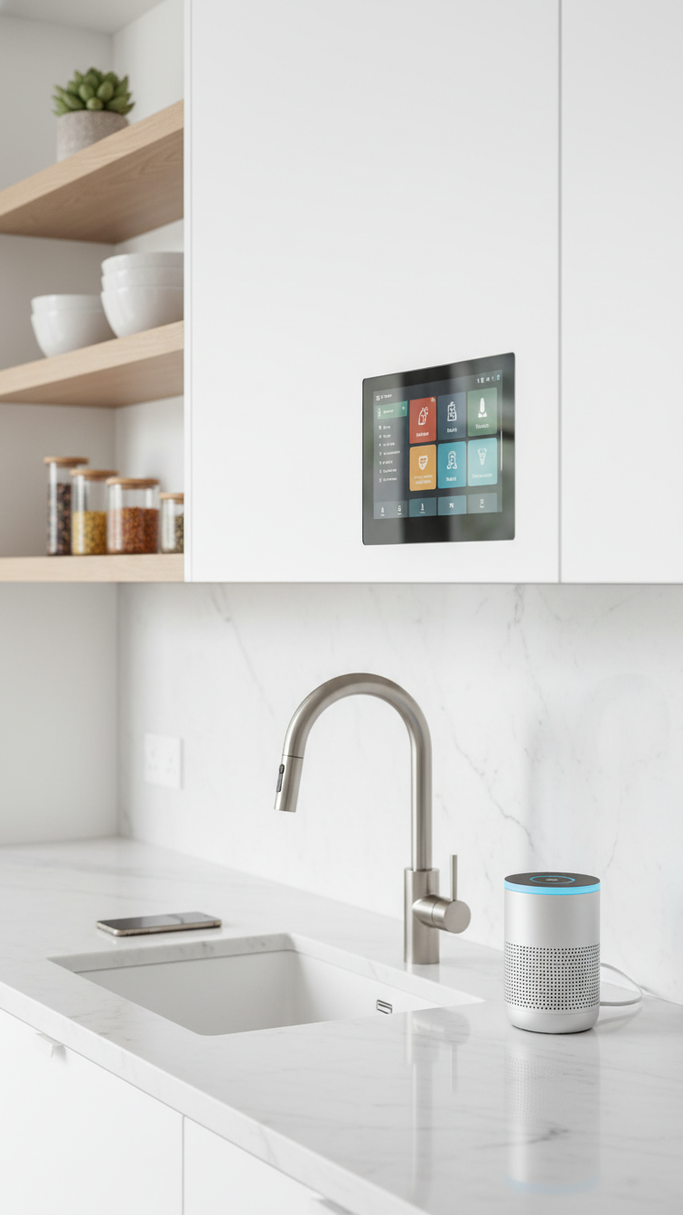 Modern kitchen with technology integration: smart hub screen, voice-controlled speaker, and wireless charging pad for efficient cooking.