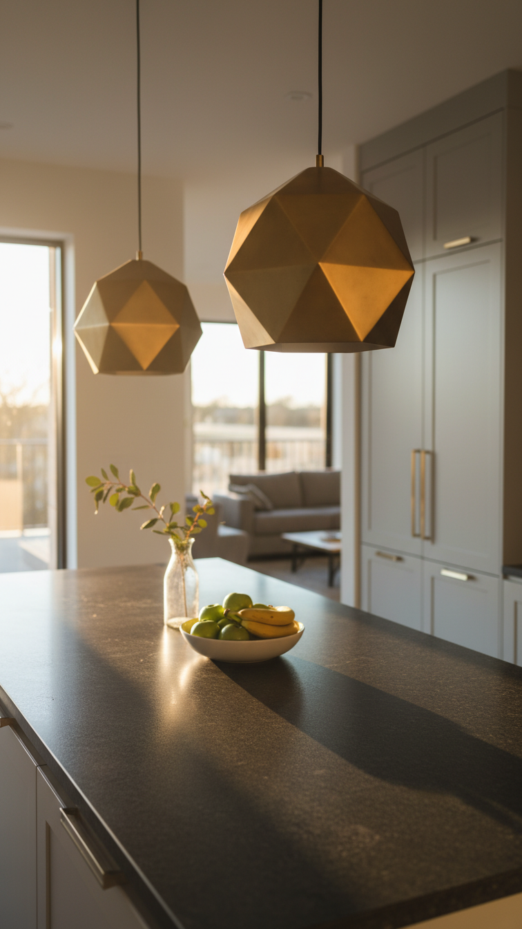 Modern kitchen with two geometric brass pendant lights hanging over a dark island, illuminated by warm golden hour light.