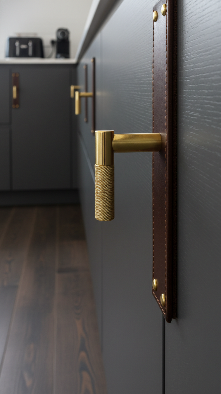 Modern knurled brass cylindrical pull on matte charcoal gray cabinet, illuminated by bright daylight, a sleek kitchen hardware detail.