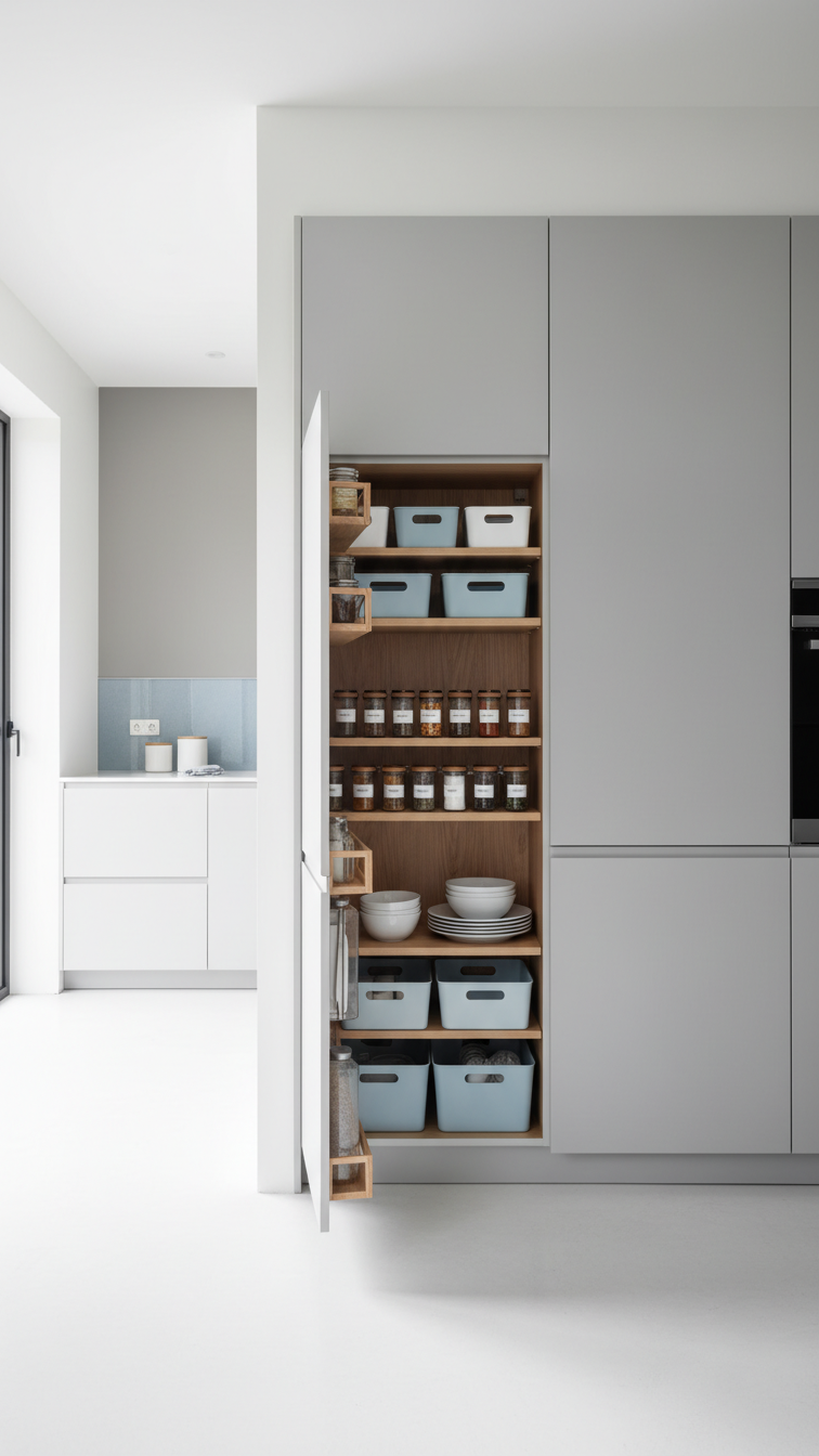 Modern light grey kitchen with integrated pull-out pantry, revealing organized storage bins, and seamless handleless cabinetry design.