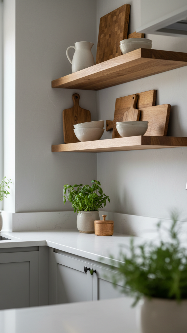 Modern light grey kitchen with warm natural wood floating shelves, displaying cutting boards and minimalist pottery for a cozy feel.