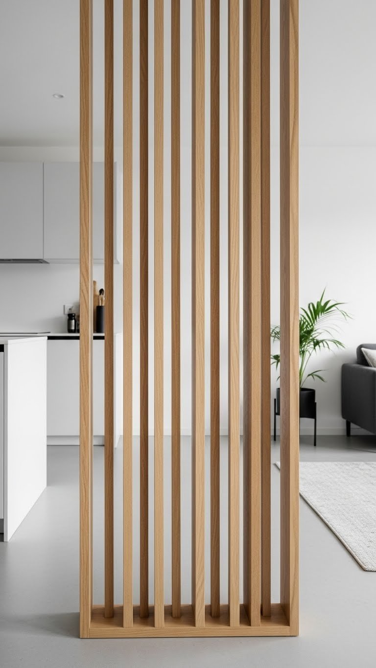 Modern light oak wood slat room divider, floor-to-ceiling, separating a minimalist kitchen and cozy living room.