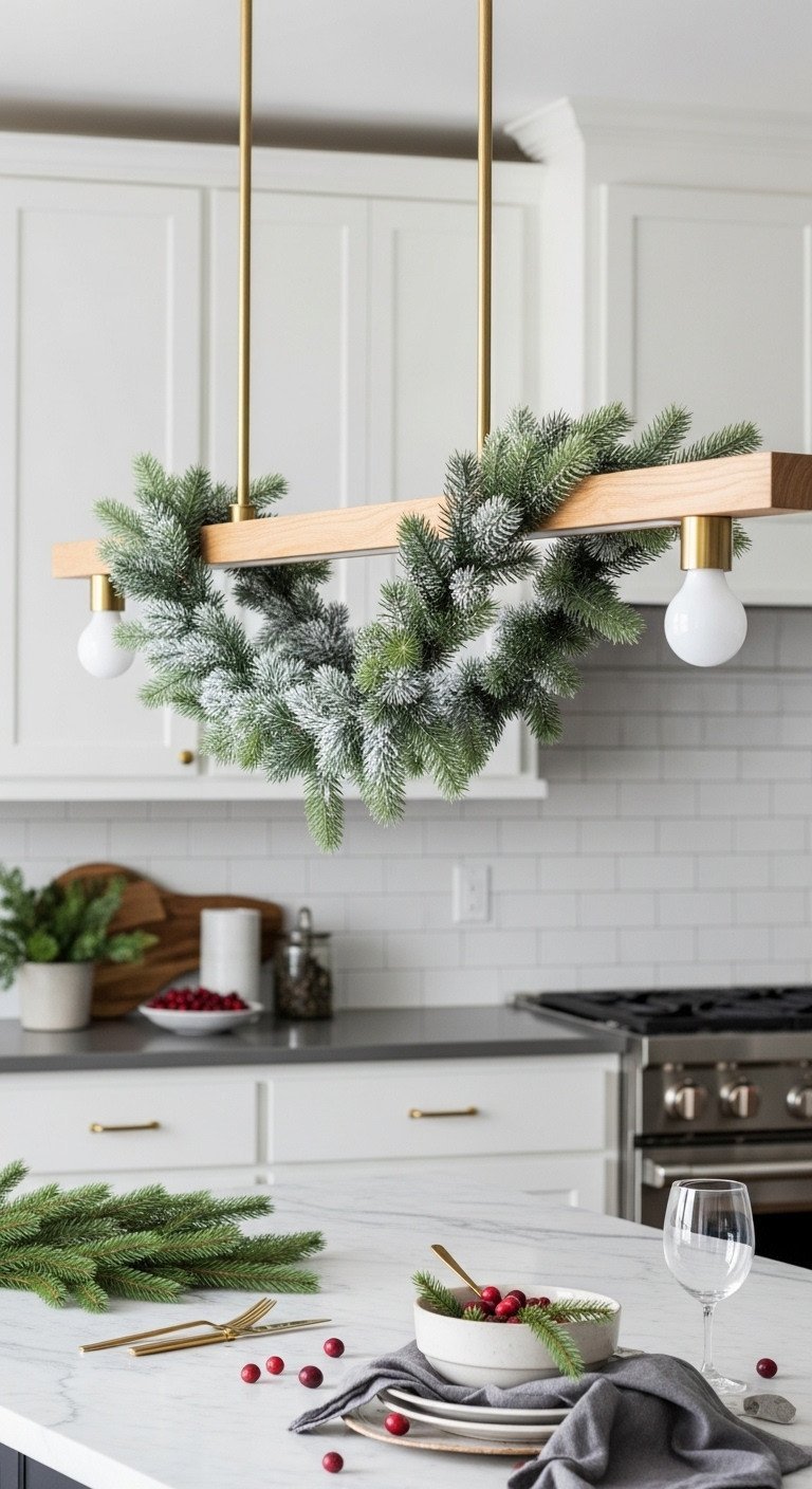 Modern linear kitchen pendant light decorated for Christmas with classic pine and frosted spruce garlands over a marble countertop.