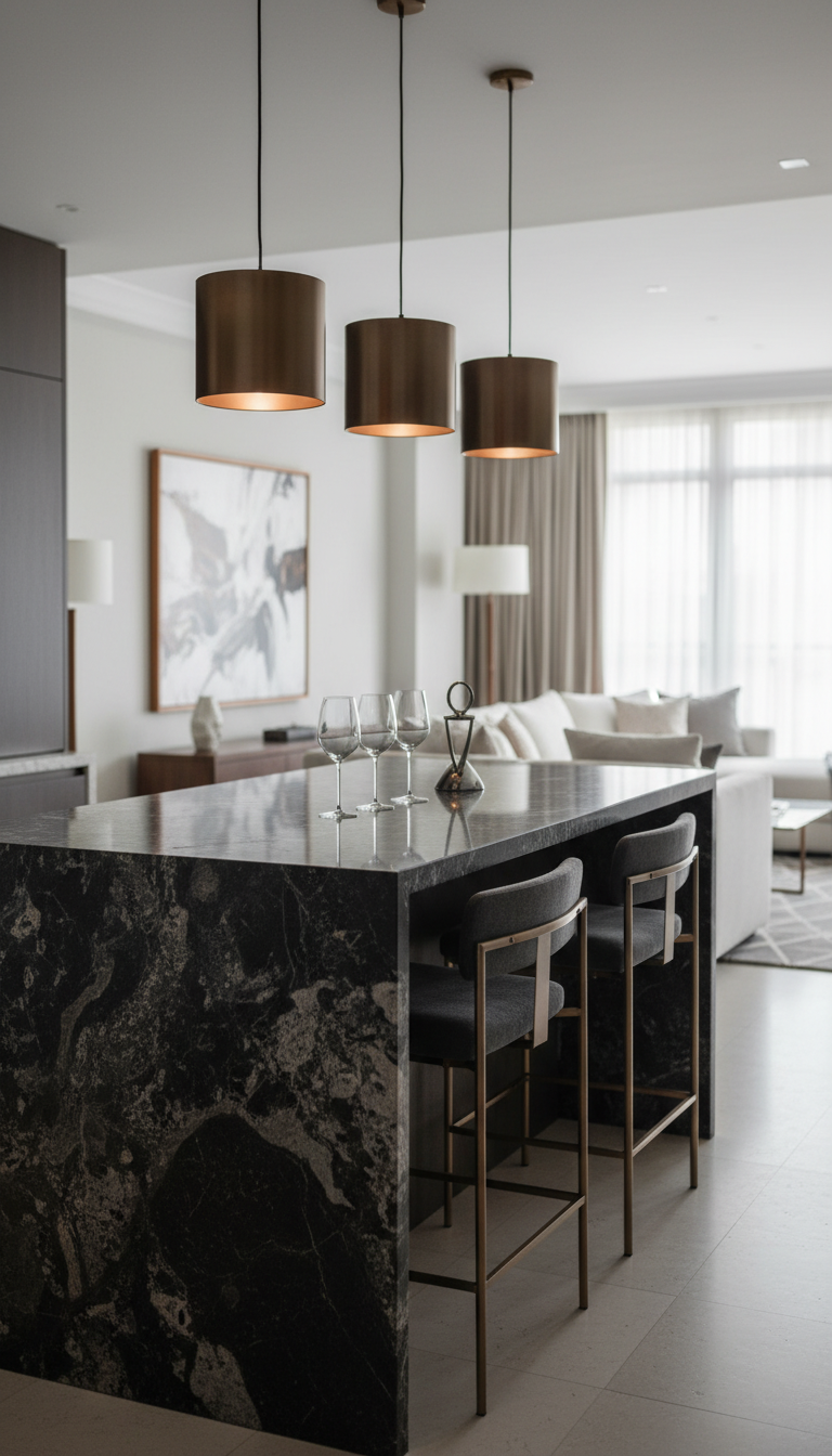 Modern luxury kitchen island with striking stone waterfall edge, elegant pendant lights, high-design bar stools, and sleek bronze accents.