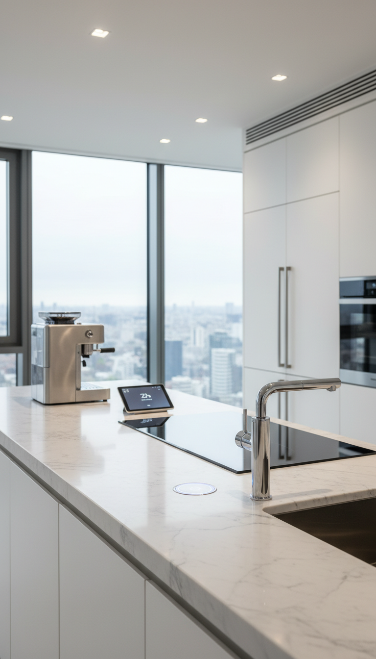 Modern luxury kitchen showcases integrated smart technology: a voice-command smart faucet, flush induction cooktop, and sleek espresso maker.