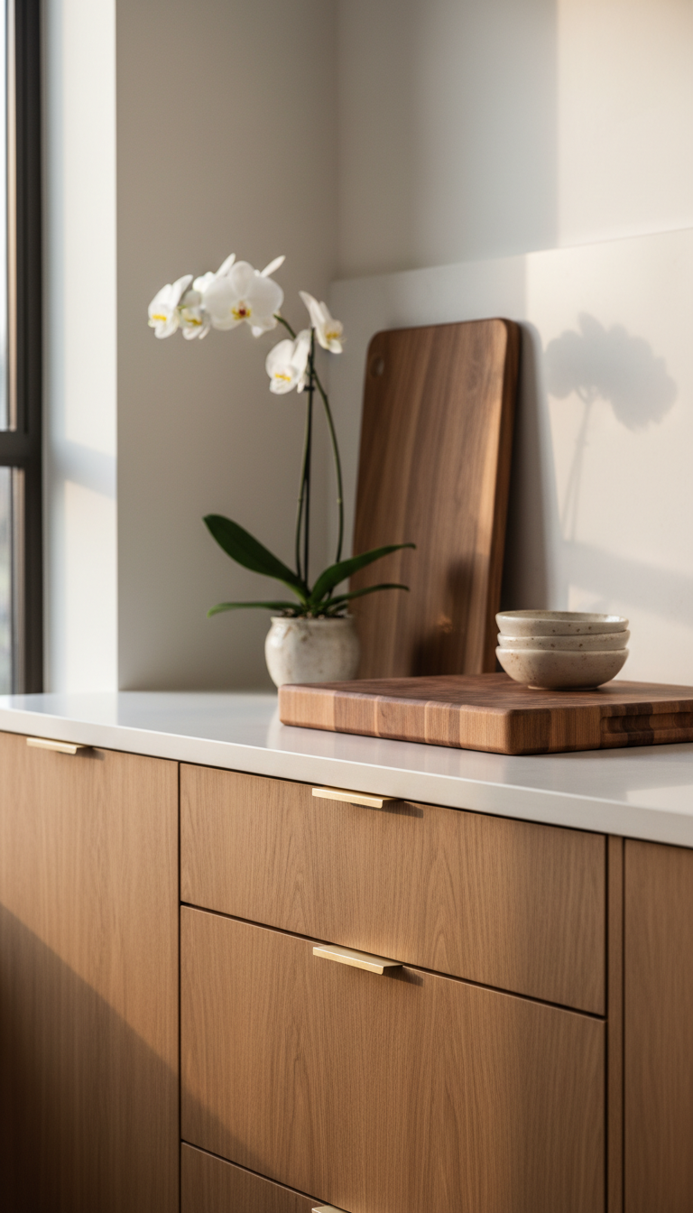 Modern luxury kitchen showcases warm natural walnut cabinets, clean white countertop, minimal hardware, and a simple orchid.