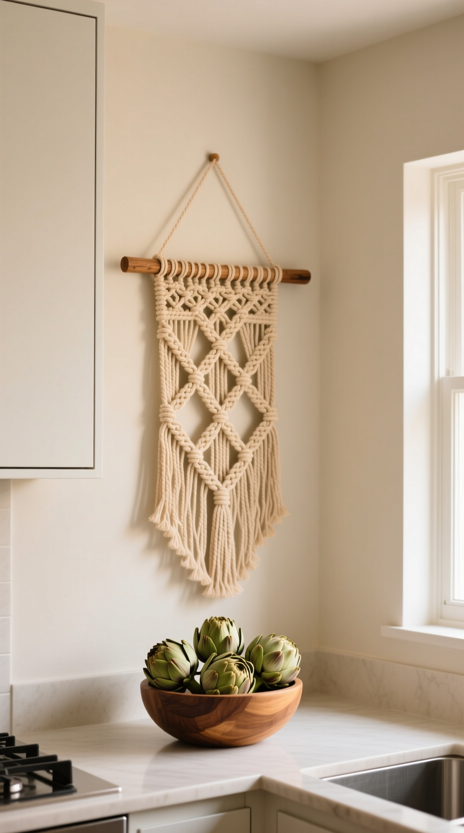 Modern macrame wall hanging with a geometric pattern on a wooden dowel adding texture to a minimalist kitchen's beige wall.
