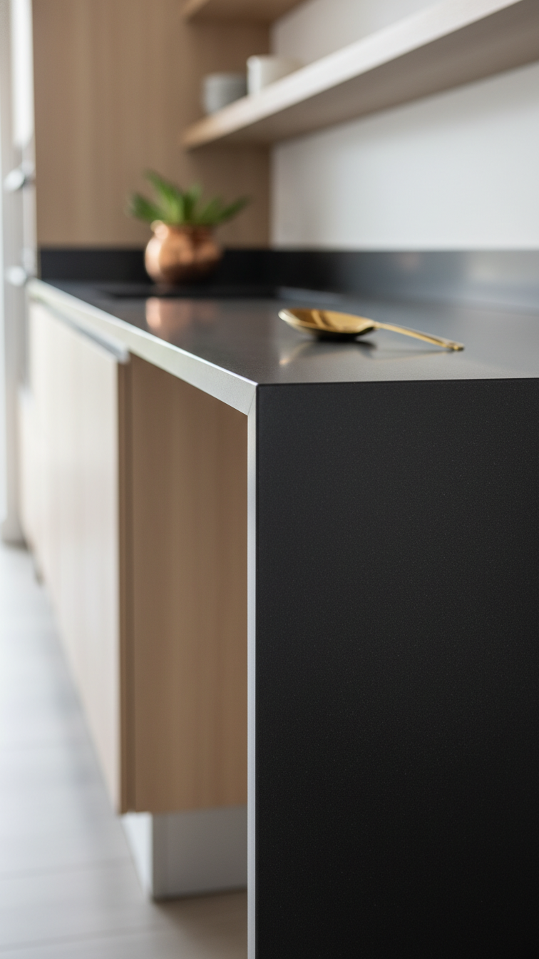 Modern matte black quartz kitchen countertop, sleek waterfall edge, light wood accents. Brass accessories and copper plant pot complete the minimalist design.
