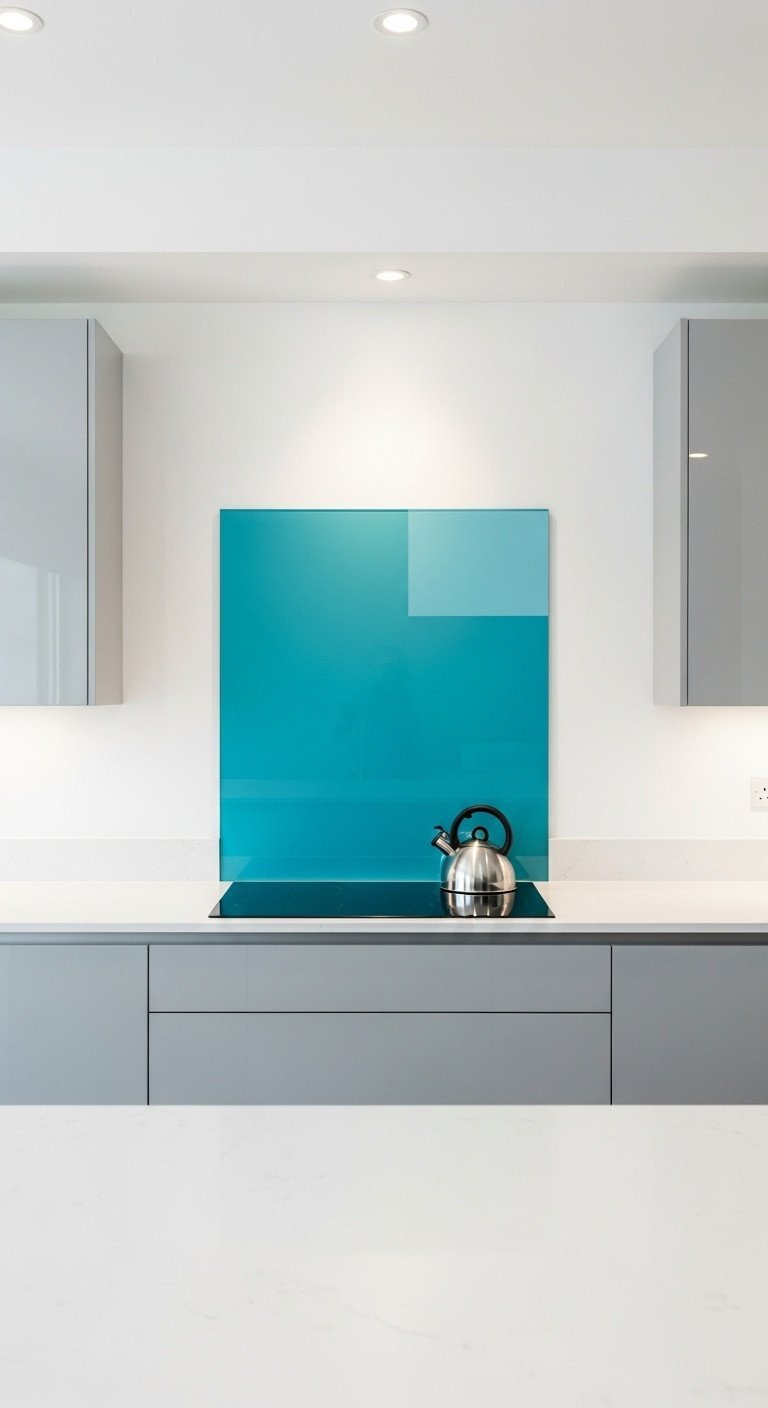 Modern minimalist kitchen featuring a bold teal back-painted glass backsplash behind a black induction cooktop.