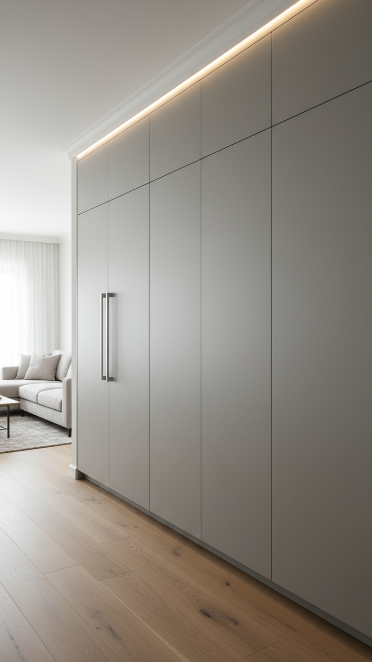 Modern minimalist kitchen with seamless light gray handleless floor-to-ceiling cabinets, concealing integrated refrigeration, sleek design.