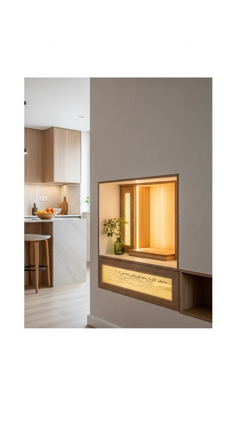 Modern minimalist pooja unit with natural wood and etched glass, subtly integrated into open Indian kitchen and living room.