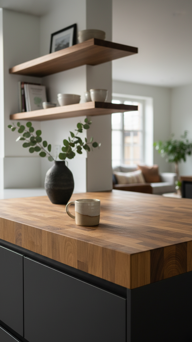Modern moody kitchen featuring dark cabinets, richly textured natural wood open shelving, a thick butcher block island, and greenery.