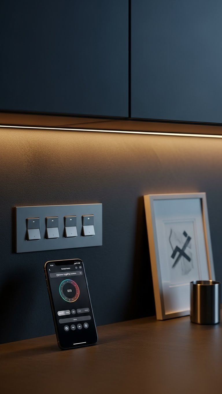 Modern moody kitchen: smart lighting via backlit dimmer switch panel, smartphone displays dynamic light scenes.