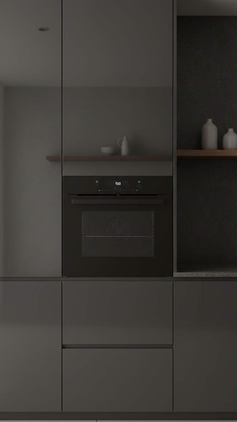 Modern moody kitchen with sleek matte black oven, concealed refrigerator/dishwasher, and handle-less dark cabinet panels.