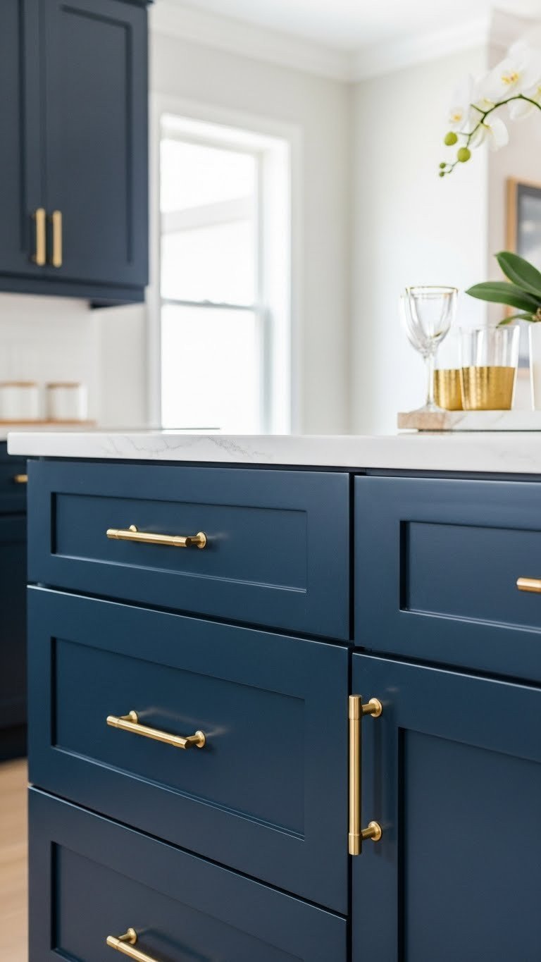 Modern navy blue kitchen design with sleek sapphire cabinets, aged brass hardware, and elegant white marble countertop. Gold-rimmed glassware detail.