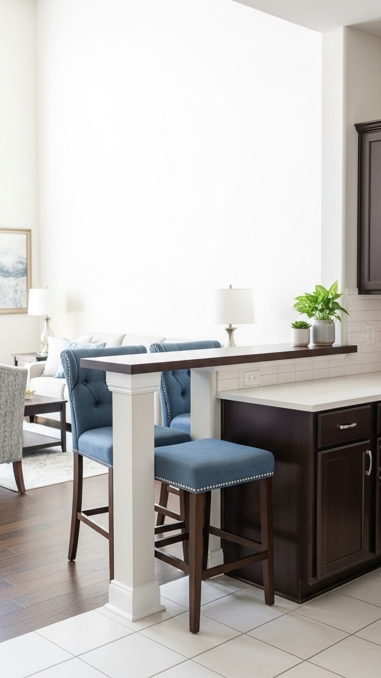 Modern open-concept kitchen island with raised breakfast bar, high-backed chairs. Clean design, white tiles, plants, bright daylight.