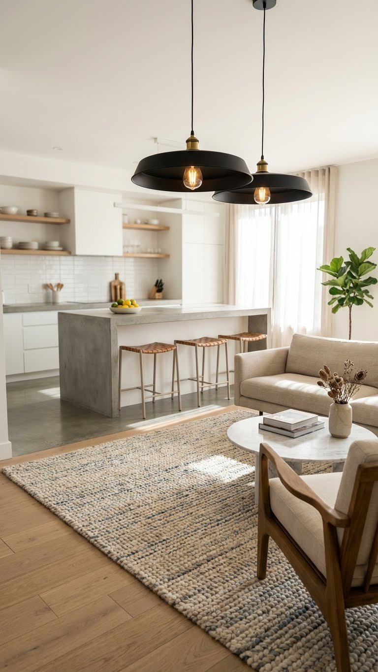 Modern open concept kitchen living room in townhouse. Large textured area rug anchors living area, modern pendant lights above island. Neutral cream & blue decor.