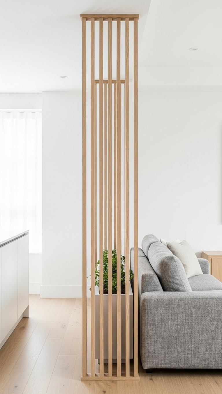 Modern open concept kitchen living room with vertical slat wood partition, light wood, white countertop, gray sofa, hardwood floor, bright daylight.