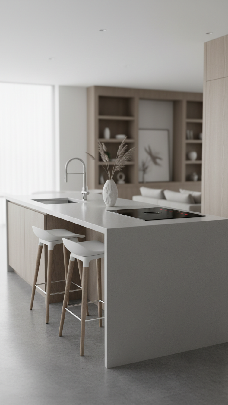 Modern open concept kitchen with minimalist light gray quartz island, waterfall edges, integrated sink, induction cooktop, and stylish bar stools.
