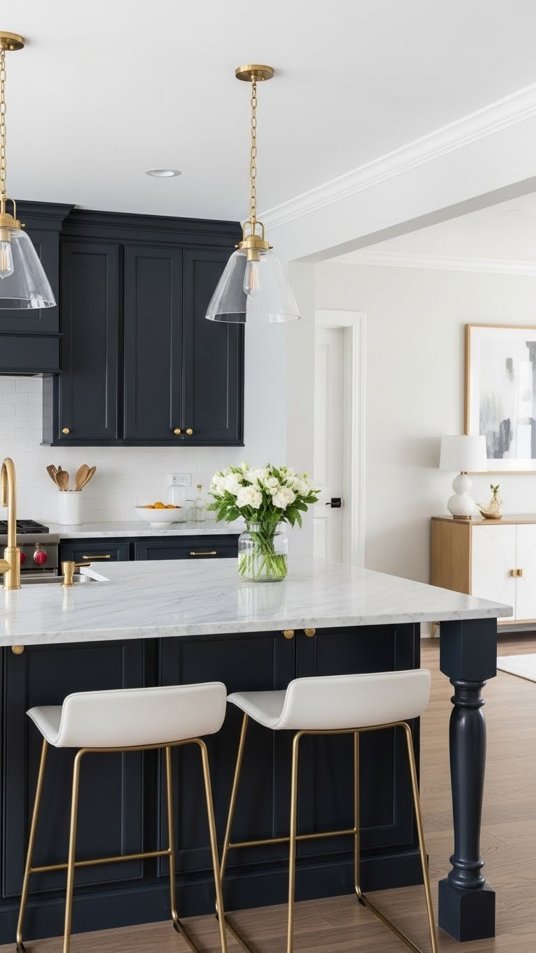 Modern open concept kitchen with navy island, charcoal cabinets, contrasting light living room, gold hardware, and bar stools.