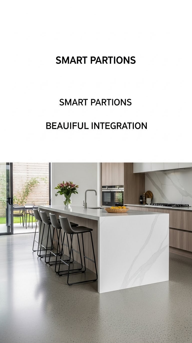 Modern open kitchen and living room featuring a long narrow island as a stylish divider, with bar stools, white marble, and wood tones.