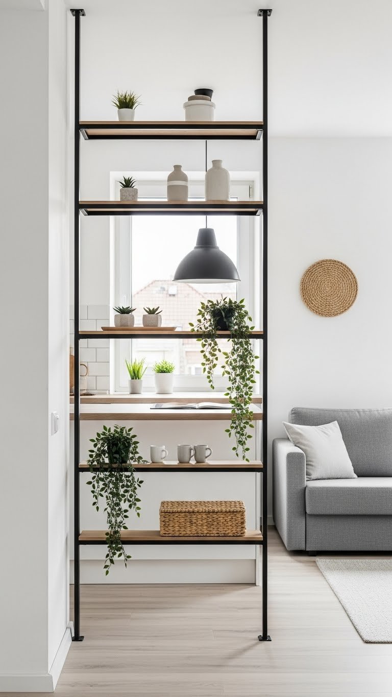 Modern open kitchen and living room studio divided by minimalist black floating shelves with plants, creating a bright, cohesive space.